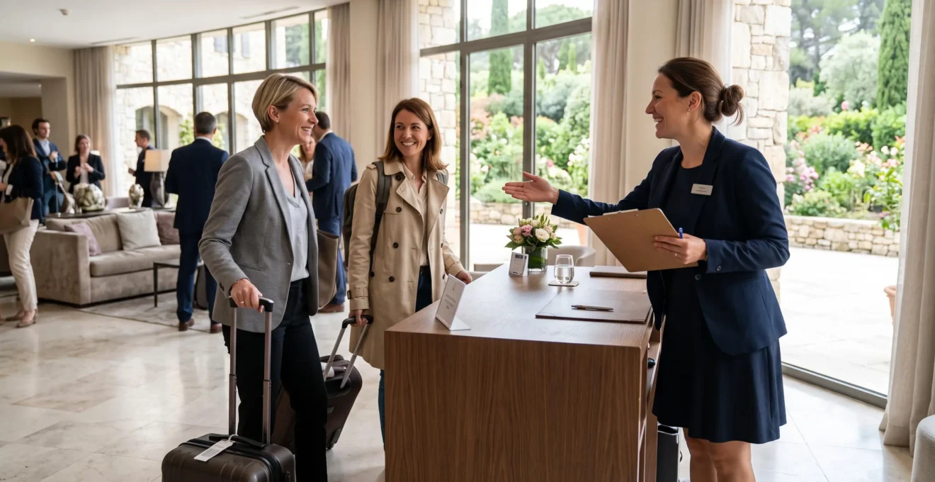 Event coordinator welcoming corporate participants at a resort reception area during event arrival.