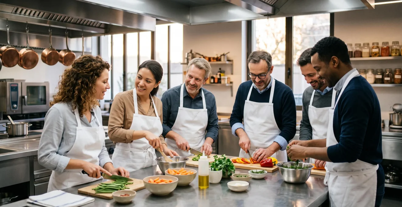 Équipe professionnelle participant à un atelier culinaire collaboratif, préparant ensemble des plats dans un espace de team building