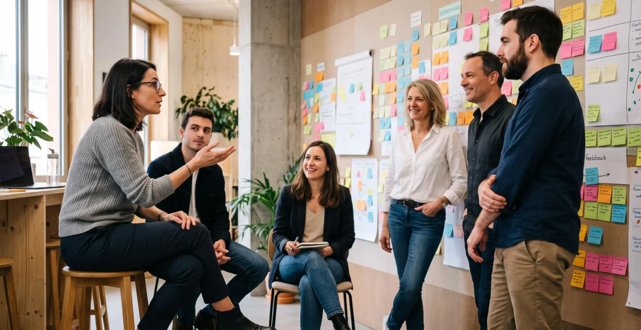 Équipe réunie en session de débriefing post team-building avec retours d'expérience et notes de feedback visibles au mur