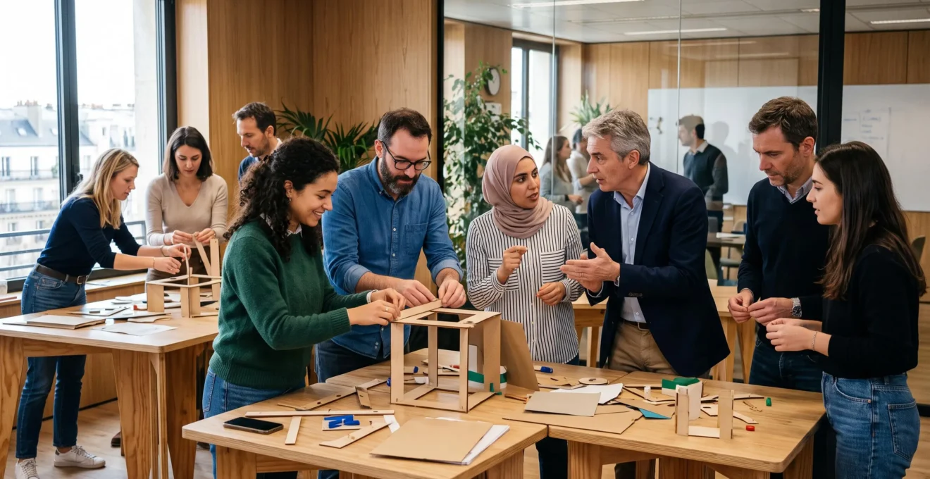 Équipe professionnelle diverse travaillant ensemble lors d'un atelier créatif collaboratif dans une salle d'entreprise moderne