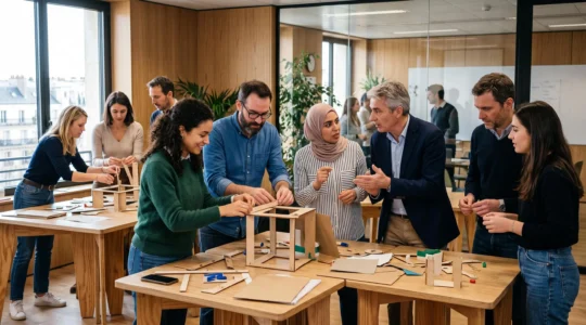 Équipe professionnelle diverse travaillant ensemble lors d'un atelier créatif collaboratif dans une salle d'entreprise moderne