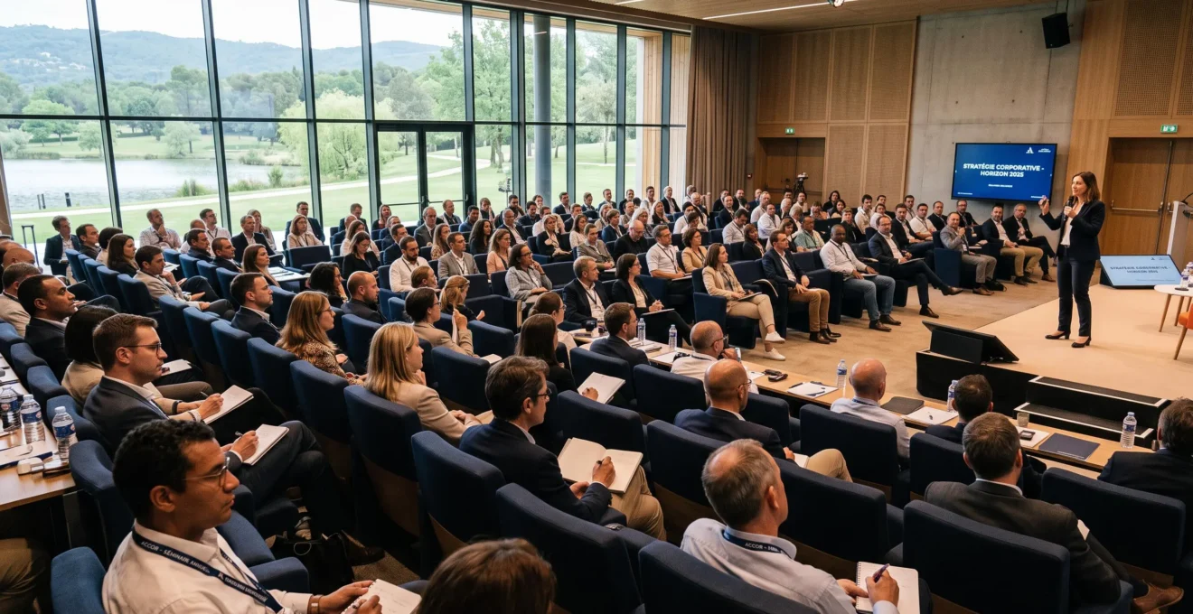 Corporate plenary session in a modern resort conference venue with natural lighting and participants engaged in the presentation.