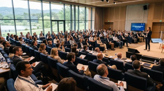Corporate plenary session in a modern resort conference venue with natural lighting and participants engaged in the presentation.
