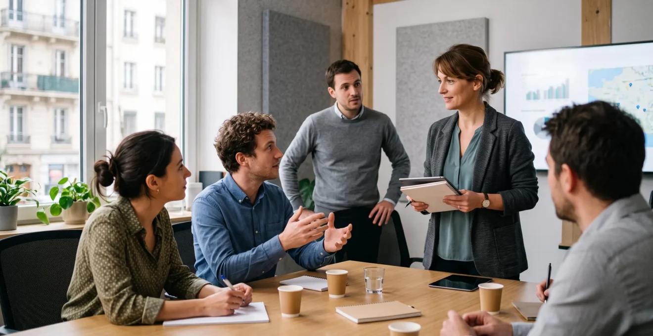 Responsable RH et membres d'équipe en discussion pour préparer un team building adapté aux profils de l'équipe
