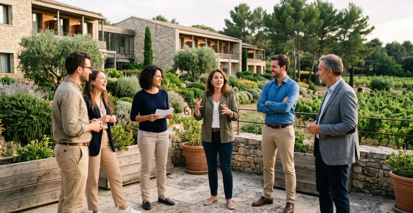 Group of corporate event participants engaged in a team-building activity on an outdoor terrace at a resort venue.